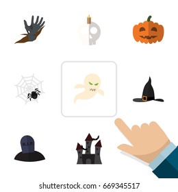 Flat Icon Festival Set Of Witch Cap, Gourd, Spinner And Other Vector Objects. Also Includes Ghost, Rip, Zombie Elements.