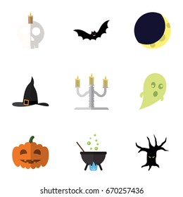Flat Icon Festival Set Of Witch Cap, Terrible Halloween, Crescent And Other Vector Objects. Also Includes Skull, Phantom, Terrible Elements.