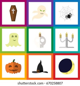 Flat Icon Festival Set Of Witch Cap, Candlestick, Gourd Vector Objects. Also Includes Crescent, Spirit, Cranium Elements.