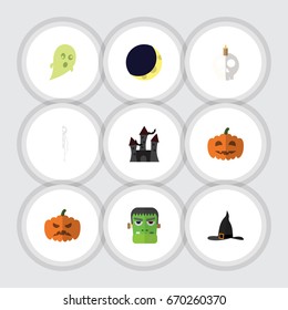 Flat Icon Festival Set Of Witch Cap, Cranium, Pumpkin And Other Vector Objects. Also Includes Pumpkin, Halloween, Midnight Elements.