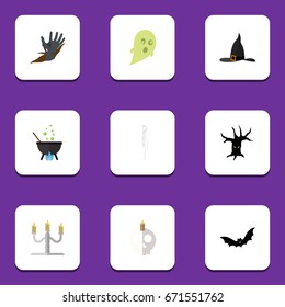 Flat Icon Festival Set Of Witch Cap, Zombie, Skeleton And Other Vector Objects. Also Includes Boiling, Cauldron, Wizard Elements.