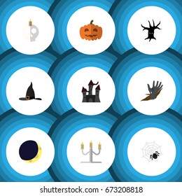 Flat Icon Festival Set Of Witch Cap, Zombie, Crescent And Other Vector Objects. Also Includes Witch, Candelabrum, Wizard Elements.