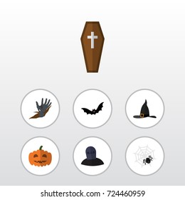 Flat Icon Festival Set Of Witch Cap, Casket, Gourd And Other Vector Objects. Also Includes Pumpkin, Tomb, Spider Elements.