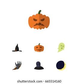 Flat Icon Festival Set Of Zombie, Crescent, Witch Cap And Other Vector Objects. Also Includes Wizard, Hand, Zombie Elements.