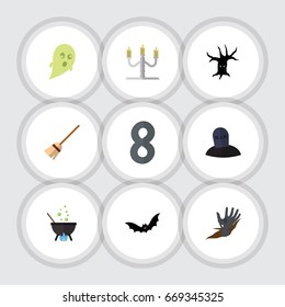 Flat Icon Festival Set Of Zombie, Phantom, Tomb And Other Vector Objects. Also Includes Candelabrum, Witch, Rip Elements.