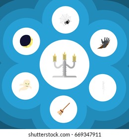 Flat Icon Festival Set Of Zombie, Broom, Spinner And Other Vector Objects. Also Includes Broomstick, Broom, Specter Elements.