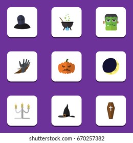 Flat Icon Festival Set Of Zombie, Witch Cap, Crescent And Other Vector Objects. Also Includes Vampire, Moon, Midnight Elements.