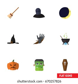 Flat Icon Festival Set Of Zombie, Casket, Witch Cap And Other Vector Objects. Also Includes Hand, Cauldron, Moon Elements.