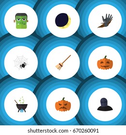 Flat Icon Festival Set Of Zombie, Monster, Gourd And Other Vector Objects. Also Includes Rip, Spider, Tomb Elements.