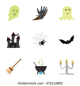 Flat Icon Festival Set Of Zombie, Phantom, Magic And Other Vector Objects. Also Includes Castle, Fortress, Cobweb Elements.