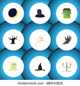 Flat Icon Festival Set Of Zombie, Terrible Halloween, Spirit And Other Vector Objects. Also Includes Midnight, Tomb, Spirit Elements.