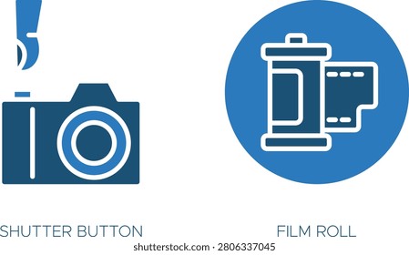 Flat icon of film camera shutter button and film roll isolated on blue background