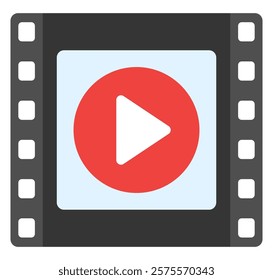 Flat icon of film strip with play symbol isolated on white background.