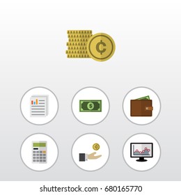 Flat Icon Finance Set Of Billfold, Cash, Calculate And Other Vector Objects. Also Includes Dollar, Paper, Monitor Elements.