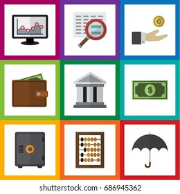 Flat Icon Finance Set Of Billfold, Strongbox, Parasol And Other Vector Objects. Also Includes Calculator, Greenback, Umbrella Elements.