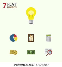 Flat Icon Finance Set Of Calculate, Bubl, Cash And Other Vector Objects. Also Includes Greenback, Search, Shiner Elements.