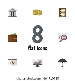 Flat Icon Finance Set Of Cash, Diagram, Billfold And Other Vector Objects. Also Includes Umbrella, Magnifier, Wallet Elements.