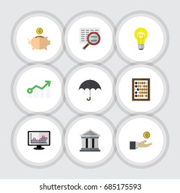 Flat Icon Finance Set Of Chart, Growth, Scan And Other Vector Objects. Also Includes Diagram, Arrow, Beach Elements.