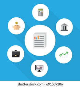 Flat Icon Finance Set Of Chart, Bank, Calculate And Other Vector Objects. Also Includes Diagram, Calculator, Document Elements.