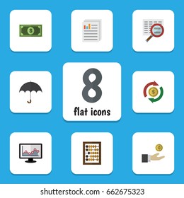 Flat Icon Finance Set Of Counter, Parasol, Hand With Coin Vector Objects. Also Includes Counter, Dollar, Document Elements.