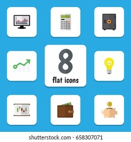 Flat Icon Finance Set Of Diagram, Billfold, Chart And Other Vector Objects. Also Includes Wallet, Monitor, Chart Elements.