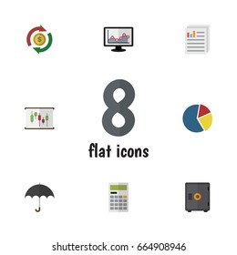 Flat Icon Finance Set Of Document, Diagram, Calculate And Other Vector Objects. Also Includes Umbrella, Calculator, Paper Elements.