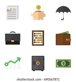 Flat Icon Finance Set Of Document, Growth, Parasol And Other Vector Objects. Also Includes Document, Umbrella, Counter Elements.