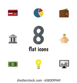 Flat Icon Finance Set Of Graph, Bank, Billfold And Other Vector Objects. Also Includes Light, Billfold, Wallet Elements.