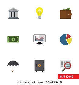 Flat Icon Finance Set Of Greenback, Graph, Scan And Other Vector Objects. Also Includes Monitor, Parasol, Bar Elements.