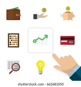 Flat Icon Finance Set Of Hand With Coin, Counter, Billfold Vector Objects. Also Includes Light, Money, Arrow Elements.