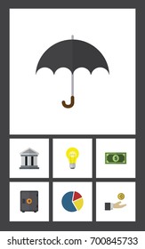 Flat Icon Finance Set Of Hand With Coin, Greenback, Parasol Vector Objects. Also Includes Strongbox, Pie, Bank Elements.