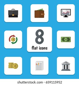 Flat Icon Finance Set Of Interchange, Greenback, Portfolio And Other Vector Objects. Also Includes Bank, Interchange, Coin Elements.