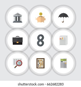Flat Icon Finance Set Of Money Box, Bank, Parasol And Other Vector Objects. Also Includes Diplomat, Portfolio, Paper Elements.