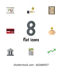 Flat Icon Finance Set Of Money Box, Hand With Coin, Bank Vector Objects. Also Includes Growth, Abacus, Architecture Elements.