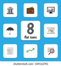 Flat Icon Finance Set Of Parasol, Document, Bank And Other Vector Objects. Also Includes Document, Chart, Growth Elements.