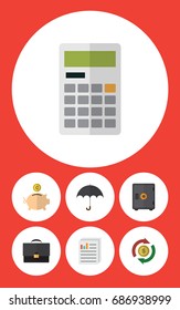 Flat Icon Finance Set Of Parasol, Interchange, Calculate And Other Vector Objects. Also Includes Beach, Strongbox, Bank Elements.