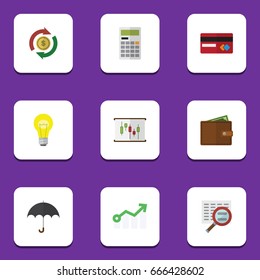 Flat Icon Finance Set Of Payment, Growth, Parasol And Other Vector Objects. Also Includes Umbrella, Search, Idea Elements.