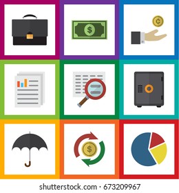 Flat Icon Finance Set Of Portfolio, Hand With Coin, Document Vector Objects. Also Includes Bank, Umbrella, Parasol Elements.