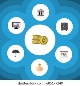 Flat Icon Finance Set Of Strongbox, Money Box, Parasol And Other Vector Objects. Also Includes Monitor, Shiner, Umbrella Elements.