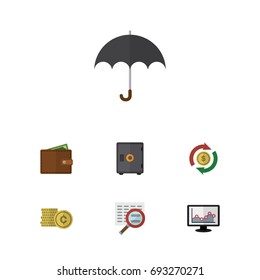 Flat Icon Finance Set Of Strongbox, Scan, Cash And Other Vector Objects. Also Includes Strongbox, Wallet, Chart Elements.