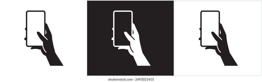 Flat icon of finger touching phone screen, Finger gesture icon scrolling smart phone screen and phone rolling, tapping screen icon vector illustration in black, white and transparent background.