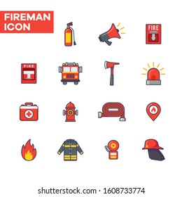 Flat icon of fire extinguisher, alarm and fire fighting equipment. Fireman icon set with bold lines. Fire fighter graphic resources.