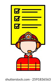 Flat icon of a firefighter with a checklist, wearing a helmet and headset, representing emergency response, safety, and fire department coordination