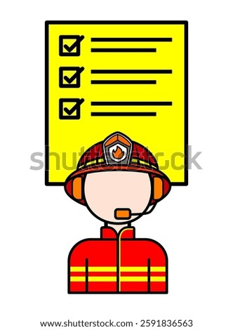 Flat icon of a firefighter with a checklist, wearing a helmet and headset, representing emergency response, safety, and fire department coordination