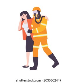 Flat icon with firefighter giving first aid to woman feeling bad after fire vector illustration