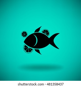 Flaches Symbol. Fisch mit Zitrusfrüchten.