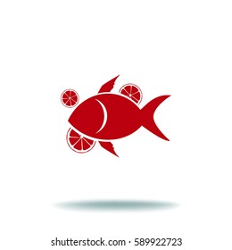 Flaches Symbol. Fisch mit Zitrusfrüchten.