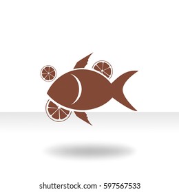 Flaches Symbol. Fisch mit Zitrusfrüchten.
