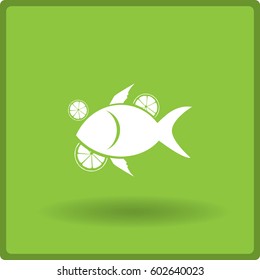 Flaches Symbol. Fisch mit Zitrusfrüchten.