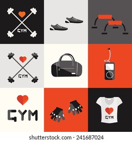 flat icon of fitness equipment elements vector set woman design details equipments graphic